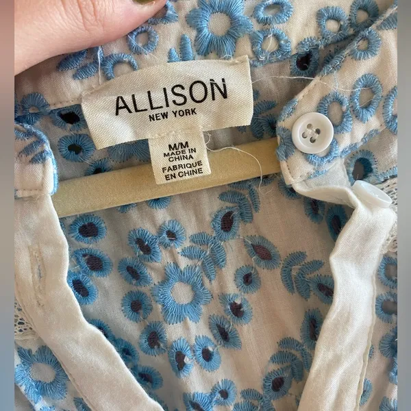 Floral Eyelet Embroidered Button-Up Blouse - Light Blue & White Sleeve - Image 5