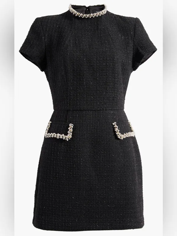 NEW NADINE MERABI Simone Embellished Trim Shimmer Tweed Black Minidress Sz 8 - Image 2