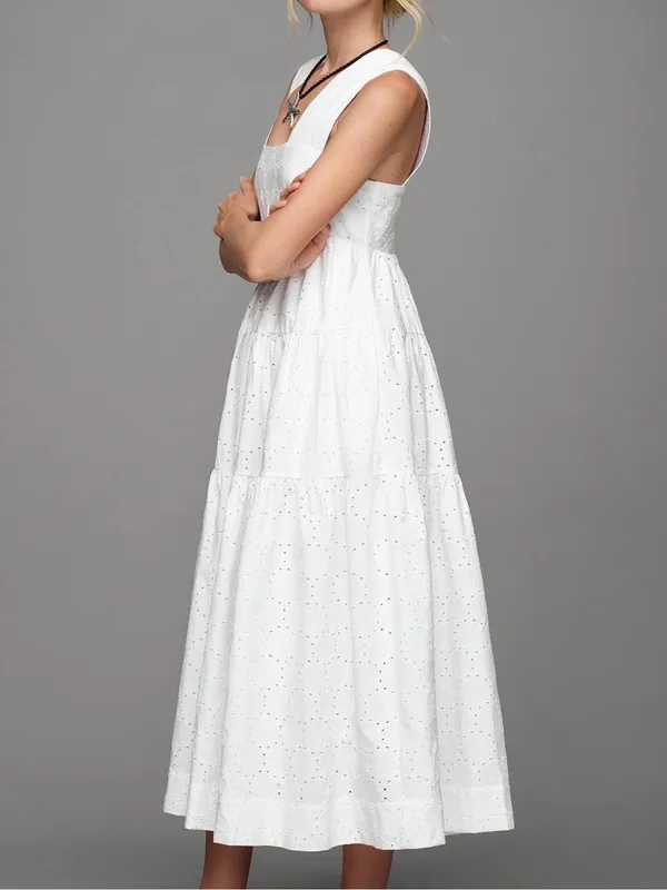 By Anthropologie Women’s Square Neck Eyelet White Lace Tiered Midi Dress Sz XXS - Image 8