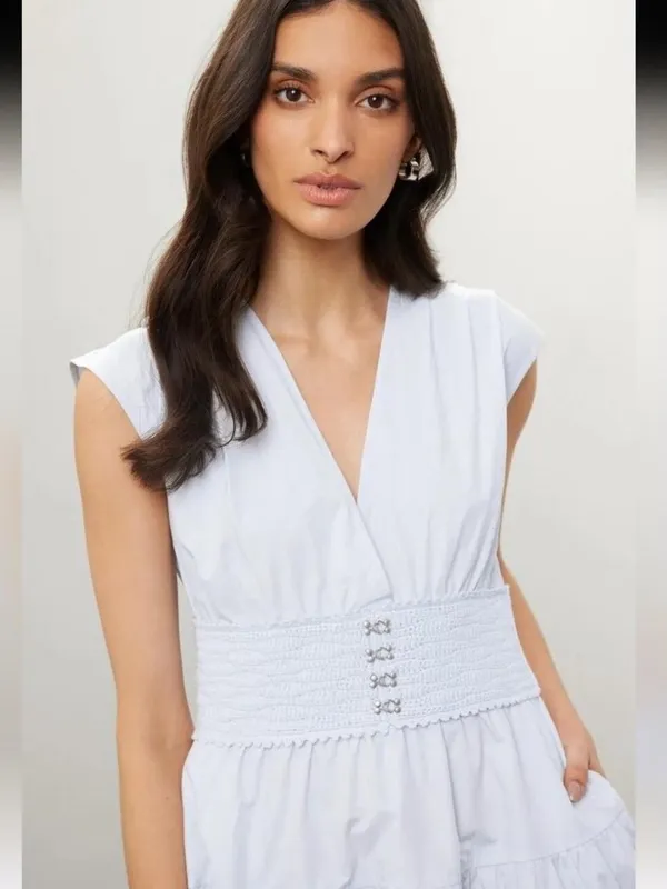 Derek Lam Light Blue Poplin V-Neck Tiered Midi Dress EUC US Size 4 MSRP $398 - Image 4