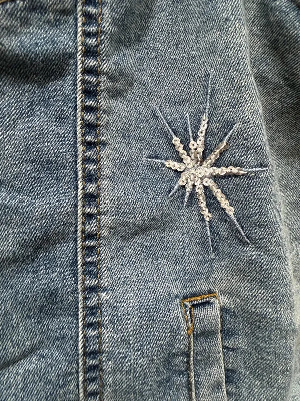 Baccini Embellished Denim Vest Sleeveless Jean Jacket Sequin Stars Size Large - Image 5