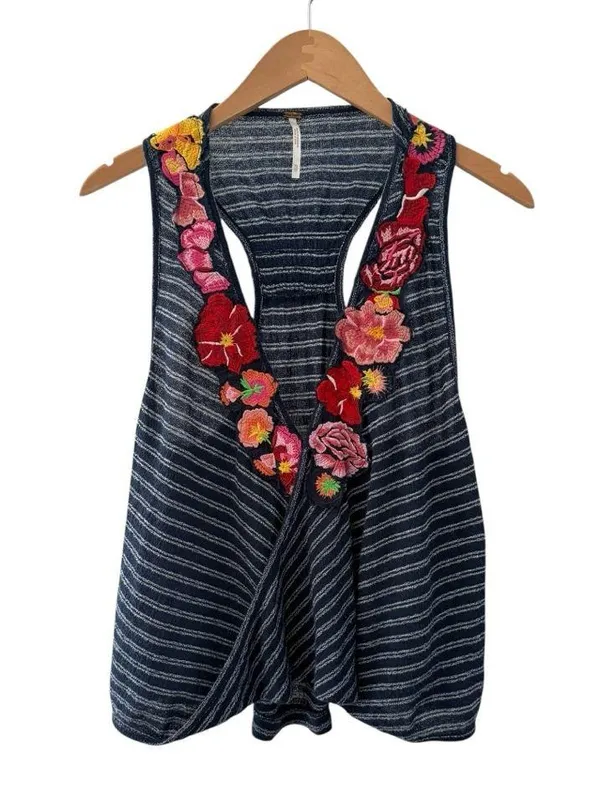 Free People Floral Striped Sleeveless Applique Top Size XS Embroidered Boho - Image 2