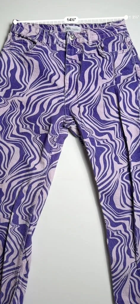 ZARA Funky Purple Pink Swirl Print Straight Leg Y2K Retro Jeans EUR 40 USA 8 - Image 6