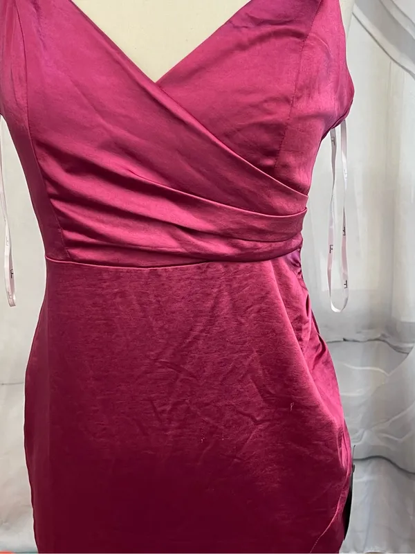 Lulus S Small Hot Night Out Magenta Satin Surplice Faux-Wrap Dress Wedding Guest - Image 7