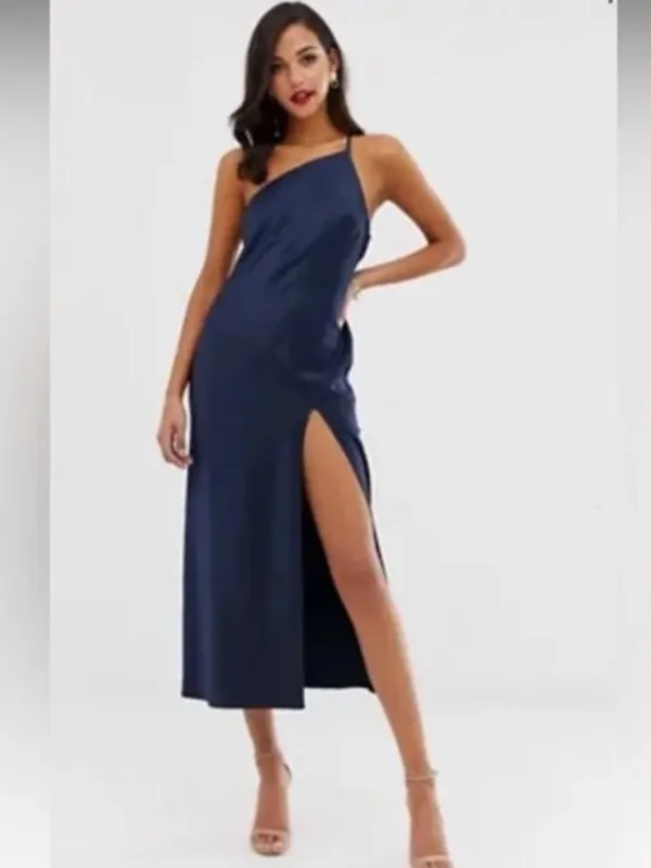 ASOS Navy One Shoulder Satin Midi Dress Side Slit Drape Back Elegant Evening 4 - Image 10