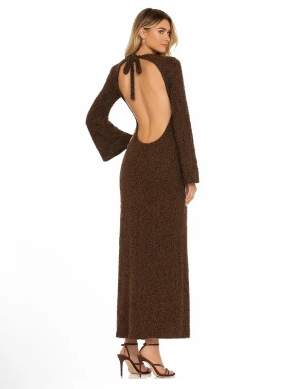 Honor the Gift Tie-Back Taupe Gray Maxi Dress Long Flared‎ Sleeves Size L NEW - Image 3