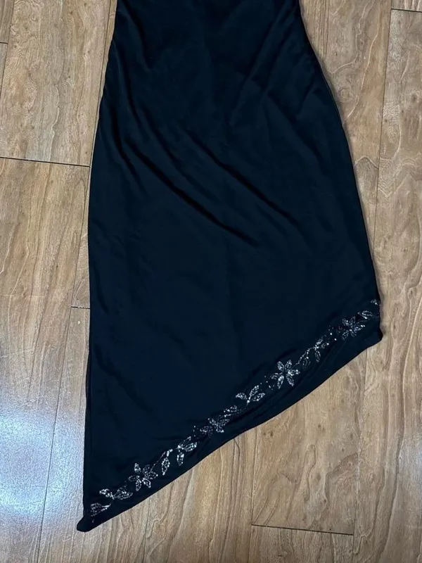Black Asymmetric Slip Dress with Beaded Hem - Image 2