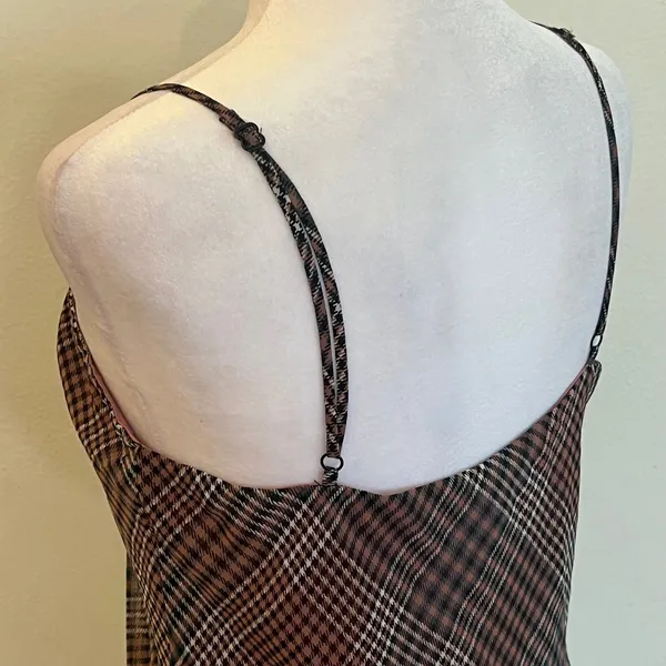 Urban Outfitters Plaid Mesh Mini Slip Dress Brown Mauve Ruched Bust Size M - Image 4