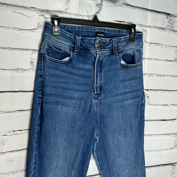 Blue Flare Wide Leg Jeans High-Rise Waist Hippie Y2K Baggy Style SZ 29 Retro - Image 3
