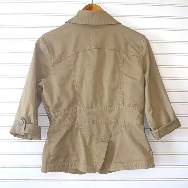 DKNY Jeans Jacket Small Khaki‎ Tan Utility Zip Up Multi Pocket 3/4 Sleeve - Image 3