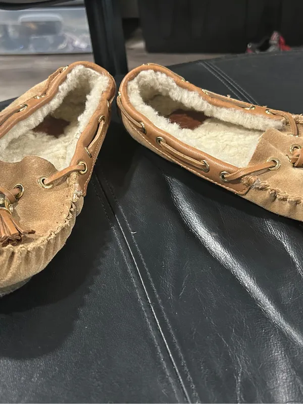 Womens Cozy Tassel Moccasin Slippers in Tan - Image 5