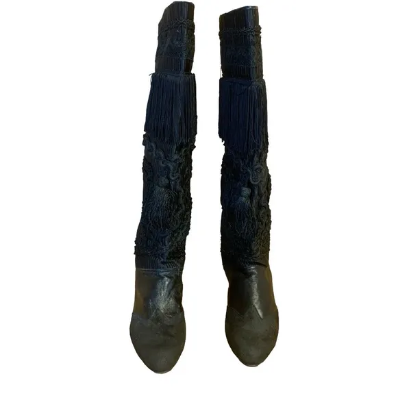 Vintage 1980'S Black Leather Fringe & Ricrac Knee High Boots (36.5) - Image 2