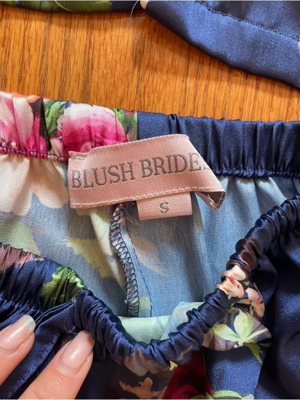Blush Brides Co Floral Satin Pajama Set Size Small Navy Lounge Set Bridal Party - Image 2
