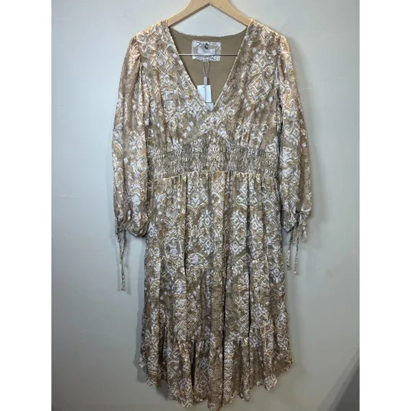 Cupio Midi Dress Women L Tan Gold Geometric Smocked Tiered Boho - Image 4