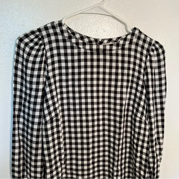 Loft Women's Size XS Blouse Long Puff Sleeve Black White Gingham Crewneck 552579 - Image 4