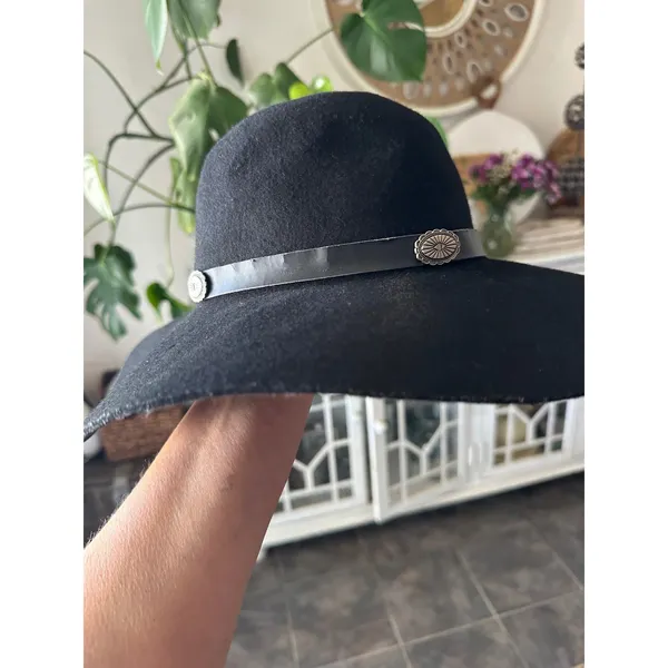 100% Wool Black Floppy Hat - Wide Brim with Silver Concho Band - 57cm‎ Coachella - Image 5