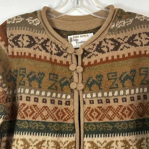 Inka Tradition Baby Alpaca‎ Hand Made Peru Fair Isle Llama Knit Cardigan Sweater - Image 3