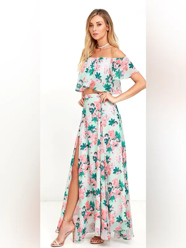 Lulus Bloom for Two Mint Floral Print Two-Piece Maxi Dress - Image 2