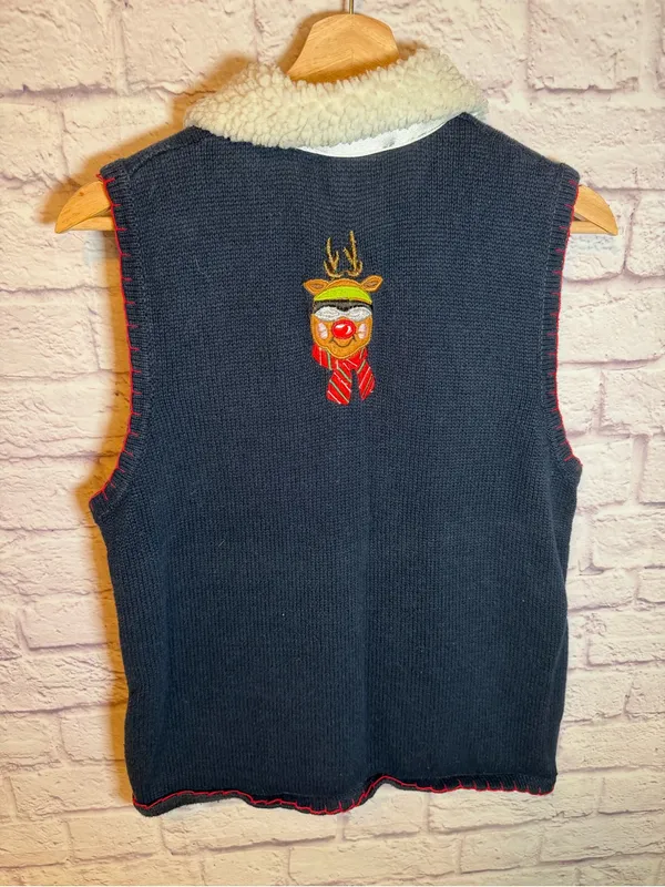 White Stag Ugly Christmas Sweater‎ Vest Reindeer Skiing Snowflakes Faux Fur L - Image 2