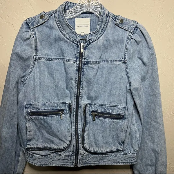 Avec Les Filles Anthro‎ Denim Multi Zipper Pocket Bomber Jacket - Image 3
