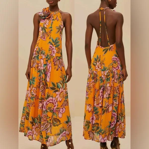 NEW FARM RIO Orange Wonderful Bouquet halter floral Maxi Dress sz XS - Image 2