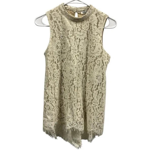 Rose + Olive Cream Sleeveless High Neck Lace Overlay Keyhole Back Top Blouse S - Image 7