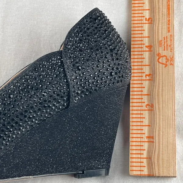 De Blossom Collection Black Rhinestone Glitter Peep Toe Wedge Heels Size‎ 9 - Image 6