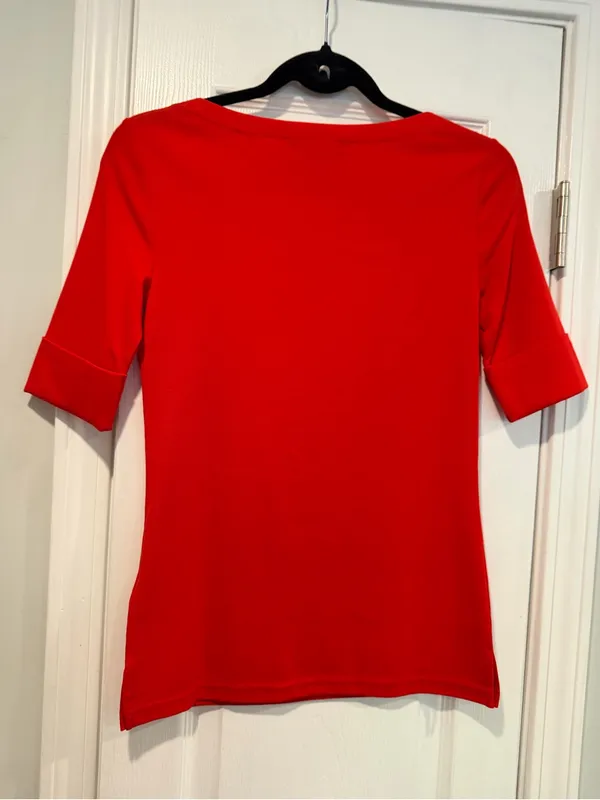 NWOT LRL Lauren Ralph Lauren Size M Red Boat Neck Cuffed Sleeve Top Cotton - Image 6