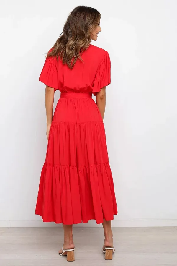 Boutique Bright Red V-neck Flutter Sleeve Midi Dress - Image 4