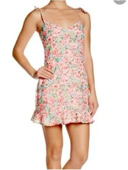 LPA Revolve Multi Ruffle Pink Blossoms Floral Spaghetti-Strap‎ Mini Dress - Image 2