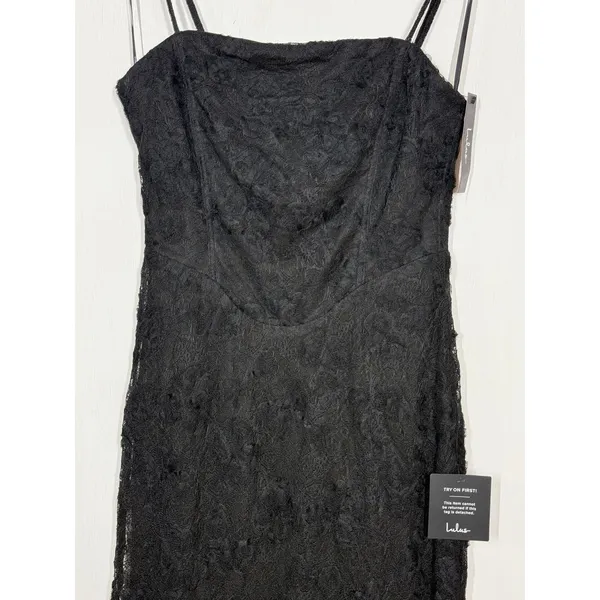 Lulus Joni Maxi Dress Women's Size Medium Black 3D Floral Applique Lace Slit NWT - Image 5