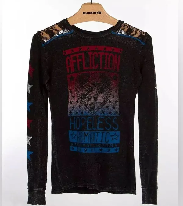VINTAGE Y2K Affliction Breakdown American Thermal Graphic Top Grey/Blue/Red XS - Image 2