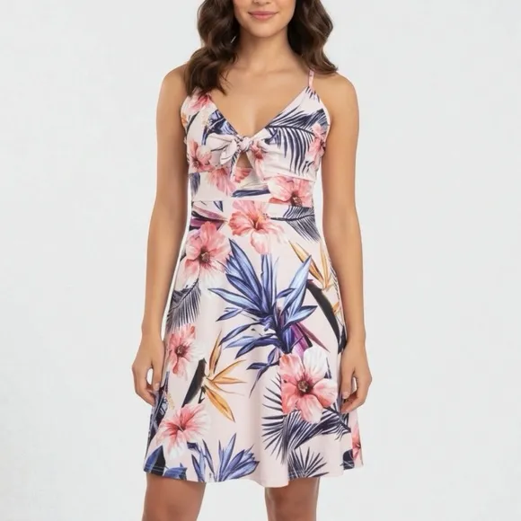 Boohoo Pink Tropical‎ Floral Tie Front Cutout Skater Dress Summer Vacation - Image 7