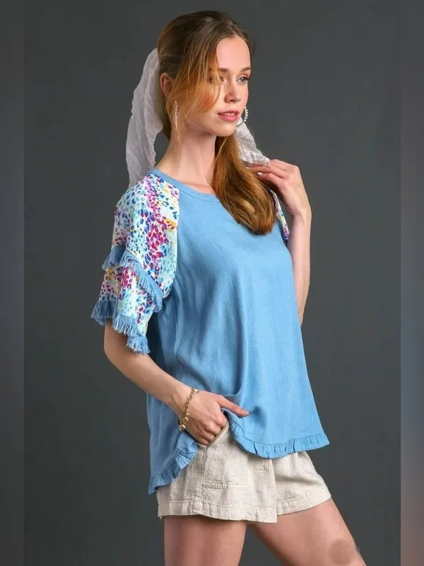 $60 NWOT Umgee LinenBlend Raw FringeHem TUNIC animal print colorful spots M - Image 3