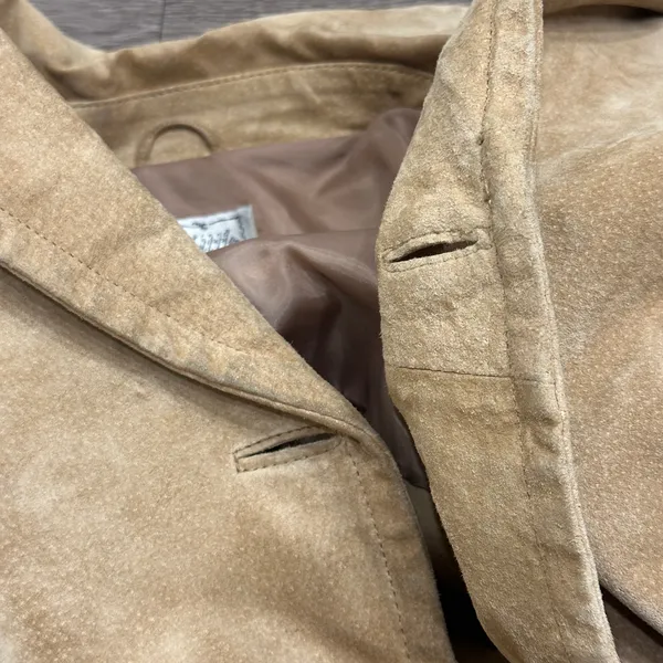Y2K Live a Little Tan Suede Leather Double Breasted Pea Coat Jacket Small Preppy - Image 10