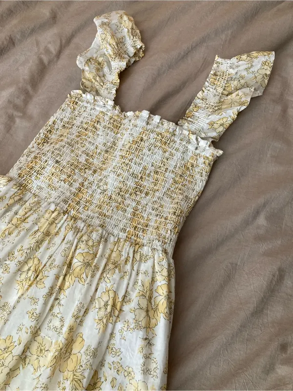 Aqua Yellow Smocked Floral Sundress Cottagecore Maxi Lined w Pockets - Image 2