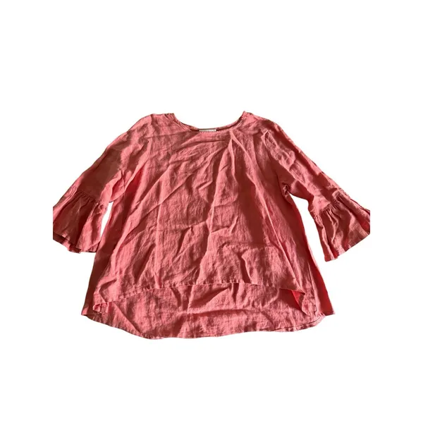 Bryn Walker Fran Top Medium Coral Linen Ruffle Bell Sleeve Top Boho Lagenlook - Image 2