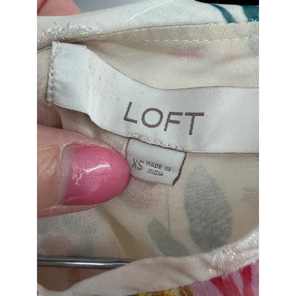 LOFT Floral Blouse Women XS Cream Gold Metallic Shimmer Puff Sleeve Cottagecore - Image 4