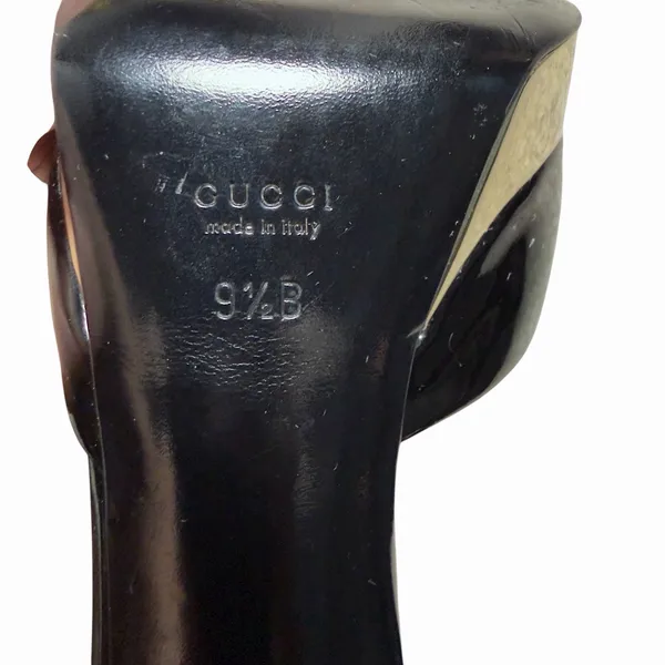 Gucci Black Patent Leather Gold‎ Platform Peep Toe Heels 9.5B Made in Italy - Image 13