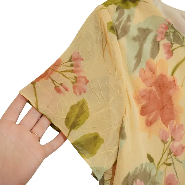 Vintage Floral Crinkle Chiffon Maxi Dress Yellow Peach Short Sleeve‎ 90s Teacher - Image 4