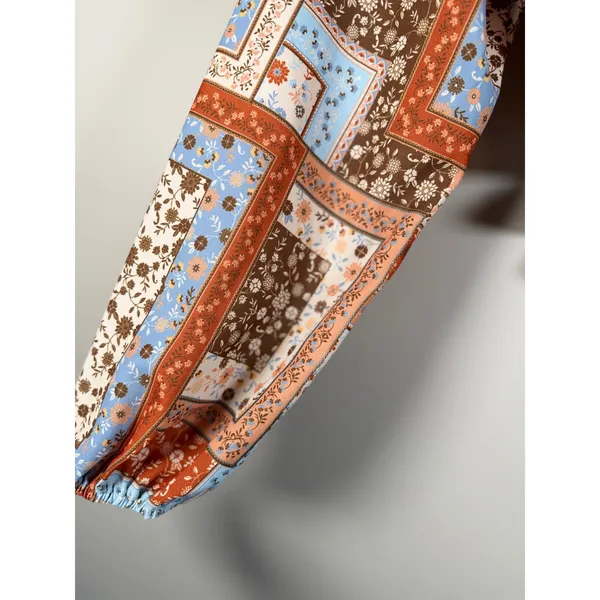 Altar'd State Floral Patchwork Crop Top Long Balloon Sleeve Boho Rust Blue Large - Image 4