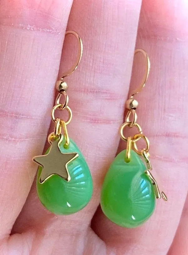 Handmade opaque green Czech glass teardrop & gold stainless star cute dangle earrings 💚🌟 - Image 5