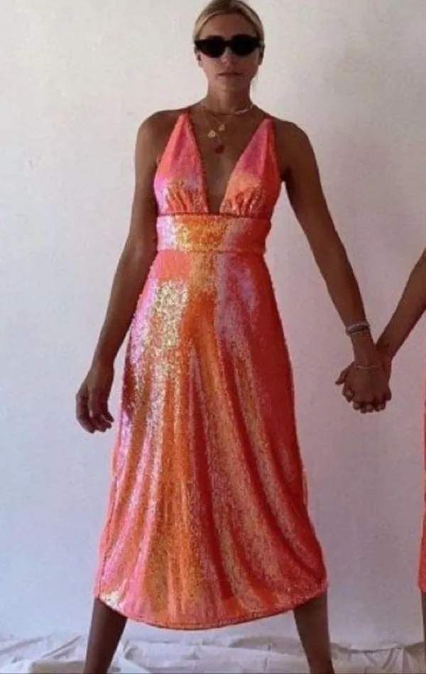 Song of Style cross back orange sequin midi dress NWT - Image 3