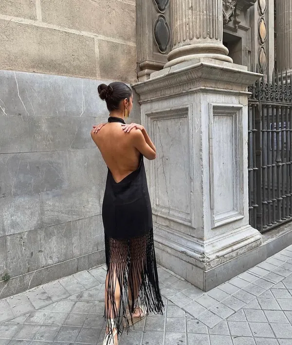 ZARA dress midi black halter neck linen fringed fringes boho - Image 6