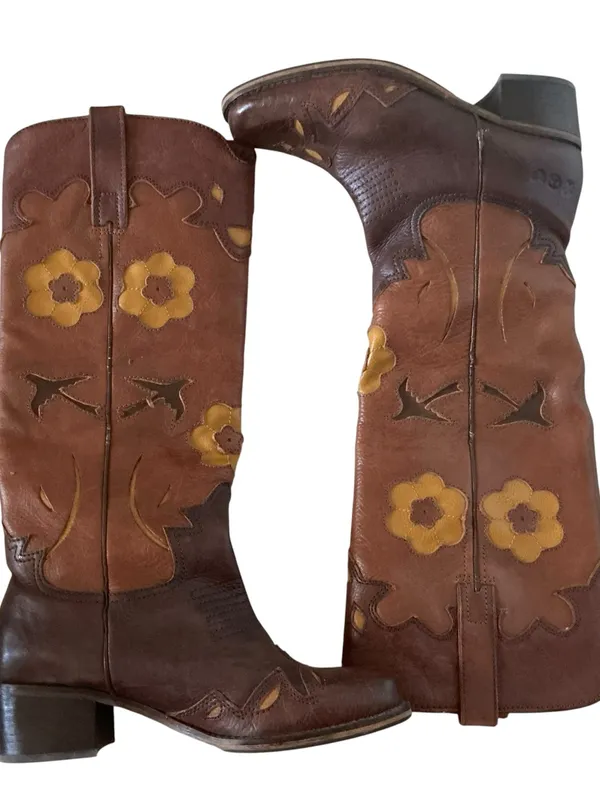 Vtg lucky brand western riding boots prominent yellow floral aplique pull-on - Image 6