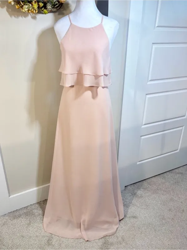 💥Jenny Yoo Charlie Blush Chiffon Ruffle Halter Bridesmaid Maxi Gown Sz 2 🧡 - Image 11