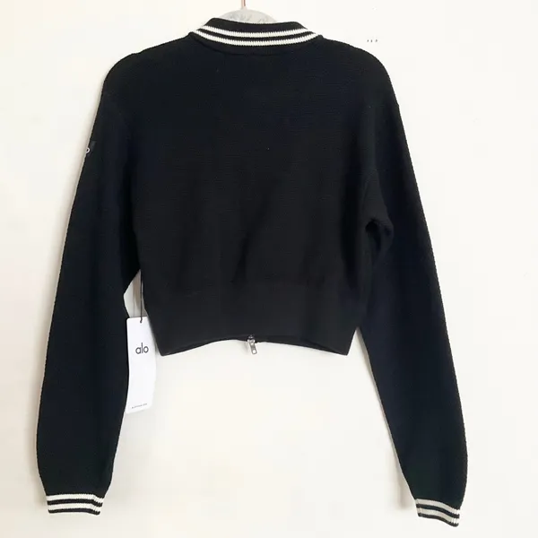 Alo Yoga Tennis Club Sweater Knit Full Zip Jacket Black/Ivory M - Image 6