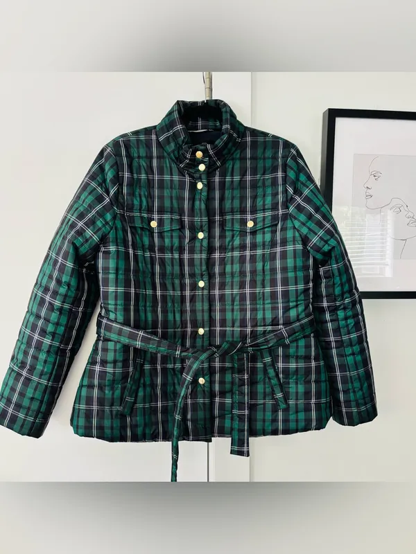 J. crew Green Tartan Plaid Belted Puffer Jacket Coat Women's size large - Image 2