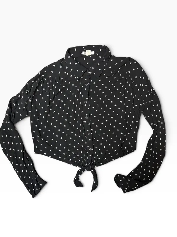 Billabong Black White Print Tie Front Button Down Cropped Blouse Large - Image 2