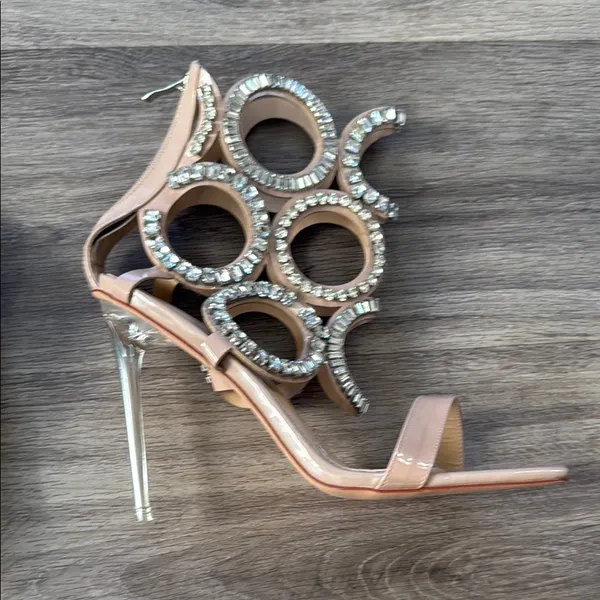 Azelia Wang Tan Stiletto Sandals 9 Nude Embellished PUT A RING ON IT Sexy Heels - Image 8
